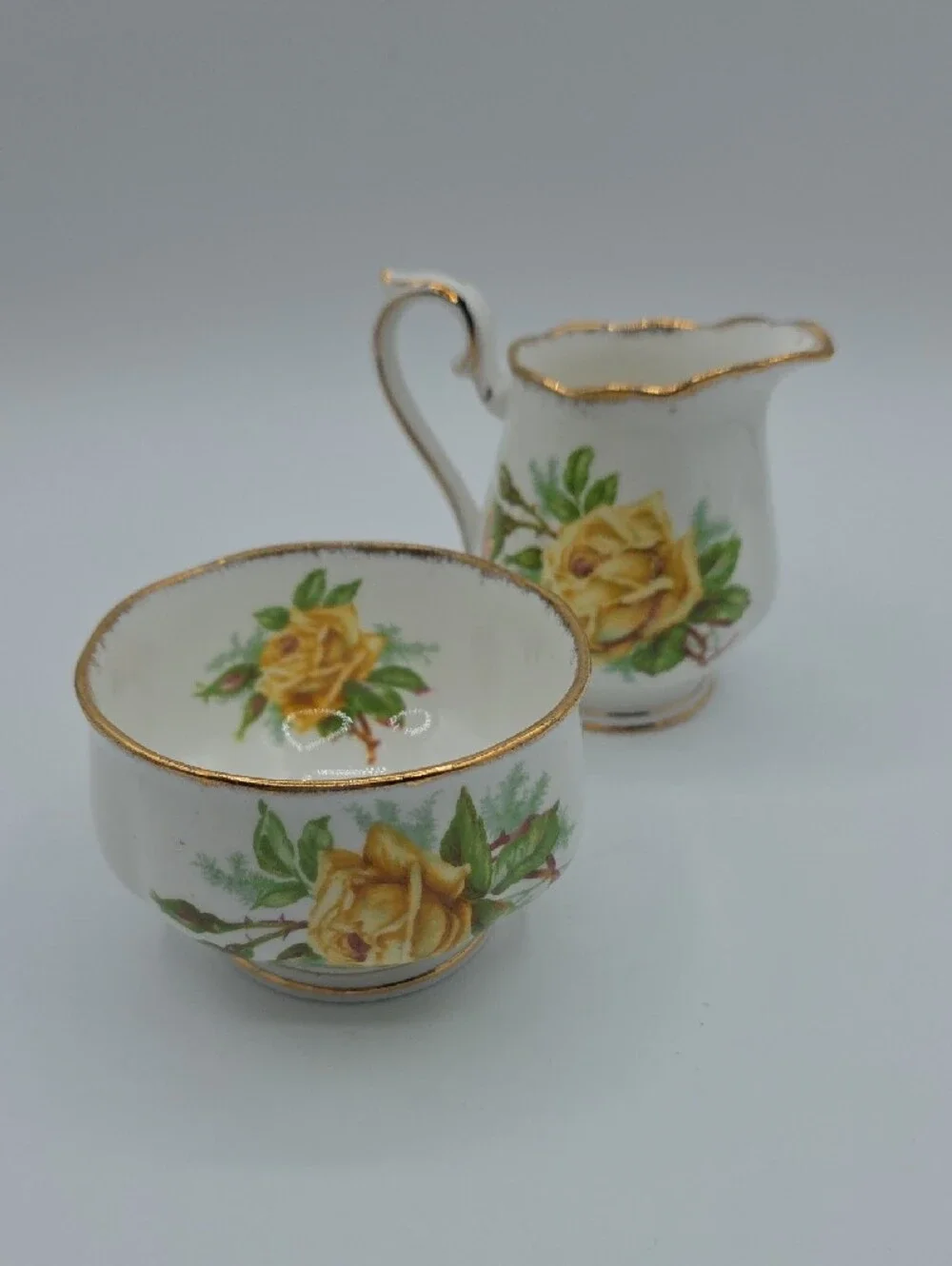 Royal Albert Tea Rose Yelloe and Green Floral Porcelain Cream And Sugar Dishes